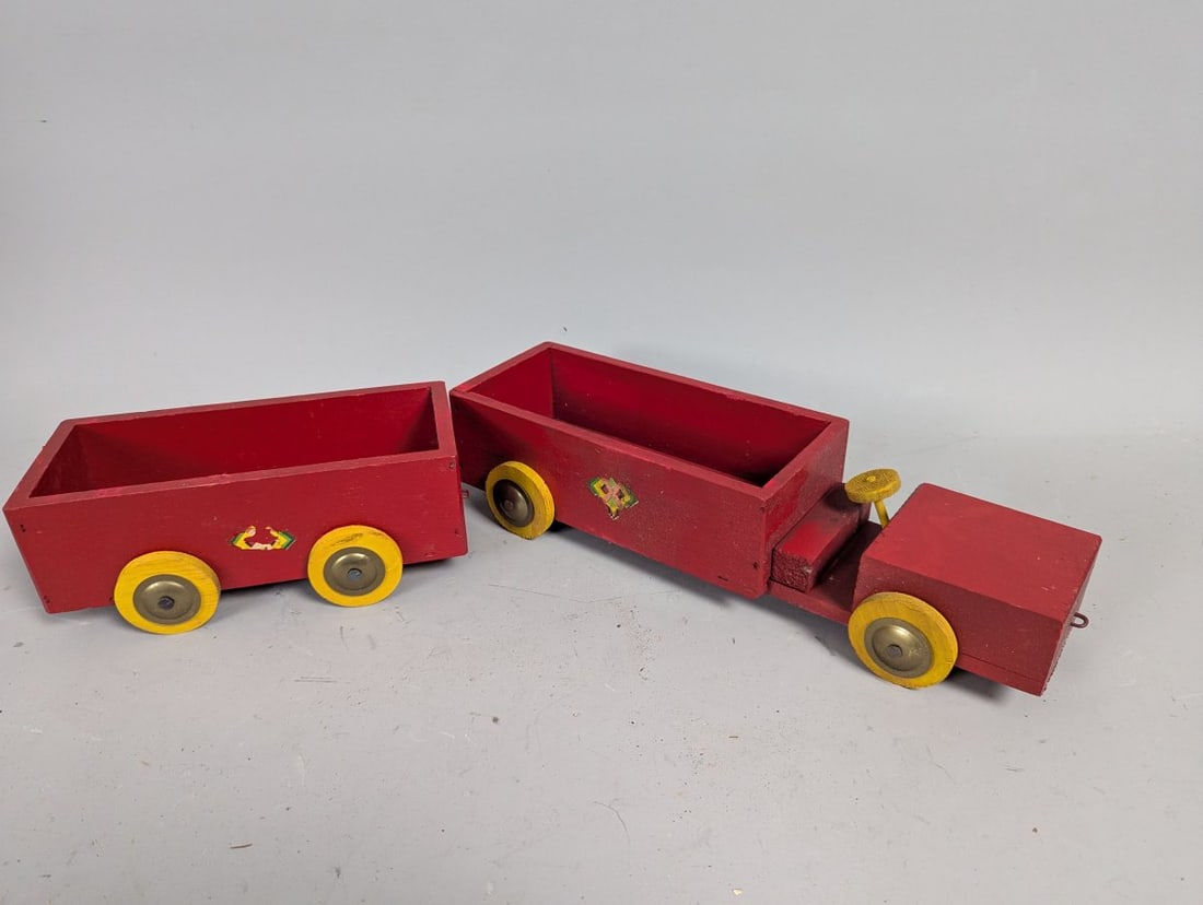 Vintage Wooden Toy Truck and Trailer Set Red Yellow Classic Folk Art (1 of 5)
