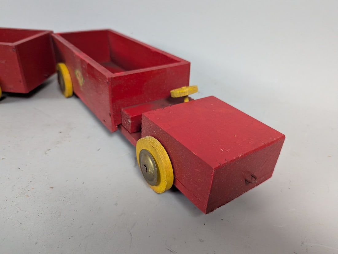 Vintage Wooden Toy Truck and Trailer Set Red Yellow Classic Folk Art - 2