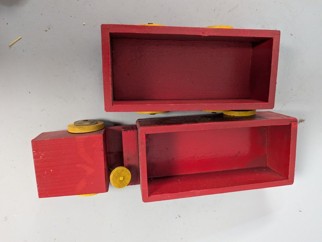 Vintage Wooden Toy Truck and Trailer Set Red Yellow Classic Folk Art - 3
