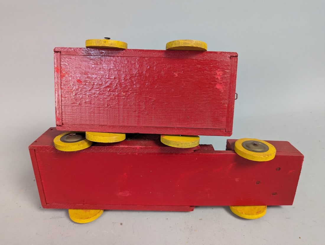 Vintage Wooden Toy Truck and Trailer Set Red Yellow Classic Folk Art - 4