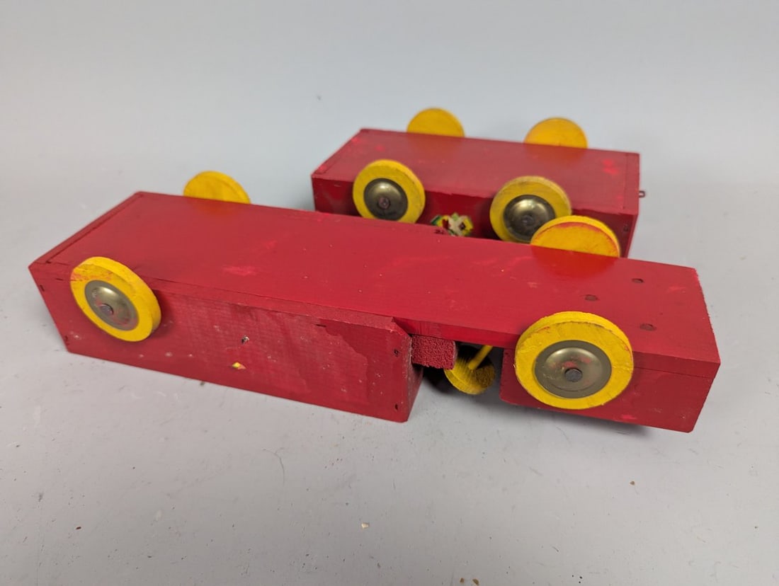 Vintage Wooden Toy Truck and Trailer Set Red Yellow Classic Folk Art - 5