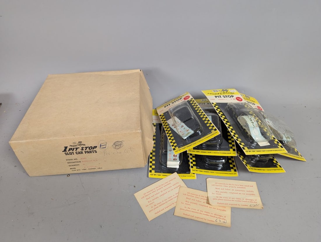 K&B Model-Rama Pit Stop Porsche G.T. 1/32 Scale Slot Car Body Kit New Old Stock: **Important** Please read below description on how to avoid high shipping costs. Up for auction is a fantastic lot featuring 7 new old stock blister packs in their original manufacturer box. The box
