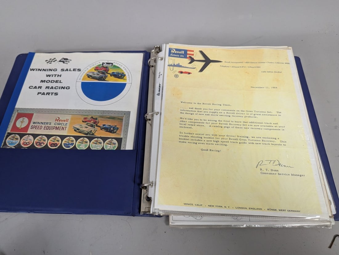 1960s Revell Slot Car Racing Dealer Promotional Binder with Brochures and Paperwork: **Important** Please read below description on how to avoid high shipping costs. Discover a fascinating piece of slot car racing history with this Binder full of 1960's Revell brochures and