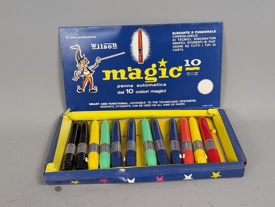 Vintage Wilson Magic 10 Multipen Store Display Box with 11 Pens from Italy: **Important** Please read below description on how to avoid high shipping costs. Up for auction is a delightful Vintage Wilson 'Magic 10' Multipen Store Display. Measuring 14 x 8 x 1 1/4 inches, this 