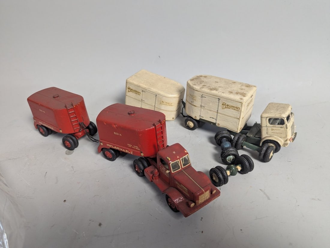 Master-Made Wooden Trucks & Trailers Collection Vintage Hand-Painted Chicago Toys: **Important** Please read below description on how to avoid high shipping costs. Up for auction is a captivating collection of vintage wooden toy vehicles by Master-Made Toys, featuring two beautifull