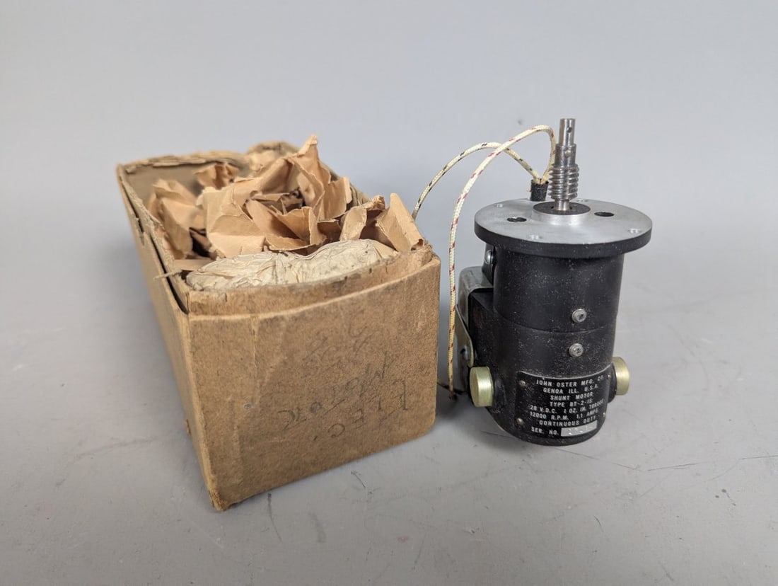 John Oster Mfg. Co. Vintage Shunt Motor with Filter Industrial Aviation Part: **Important** Please read below description on how to avoid high shipping costs. Up for auction is a rare New Old Stock John Oster Mfg. Co. Type BT-2-IS Shunt Motor with Filter. Measuring 5 x 2 1/2 x 