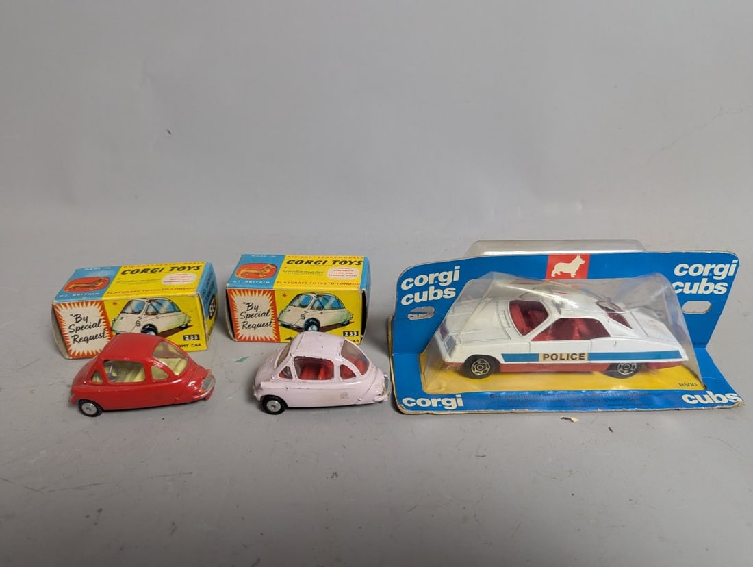 Corgi Die-Cast Toy Vehicle Collection Heinkel Economy Cars & R500 Police Car: **Important** Please read below description on how to avoid high shipping costs. This exciting collection from Corgi Toys features three die-cast vehicles, including the R500 Police Car, notably