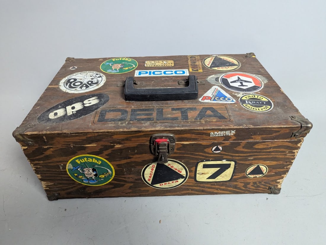 Vintage Wooden Slot Car Hobby Case with Stickers and Classic Pit Box Style: **Important** Please read below description on how to avoid high shipping costs. This 16 x 6 x 10 wooden vintage slot car case is a true collectible, heavily decorated with authentic vintage stickers