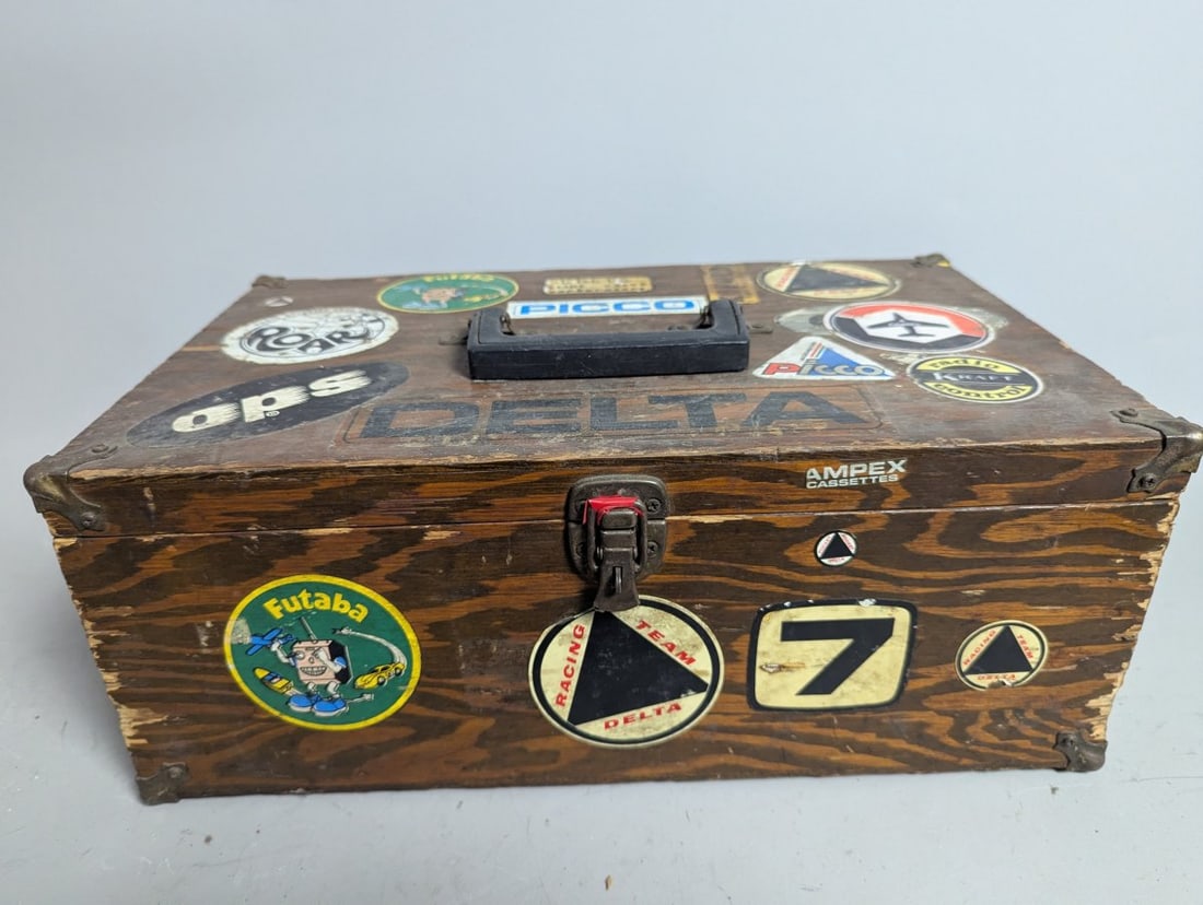 Vintage Wooden Slot Car Hobby Case with Stickers and Classic Pit Box Style - 3