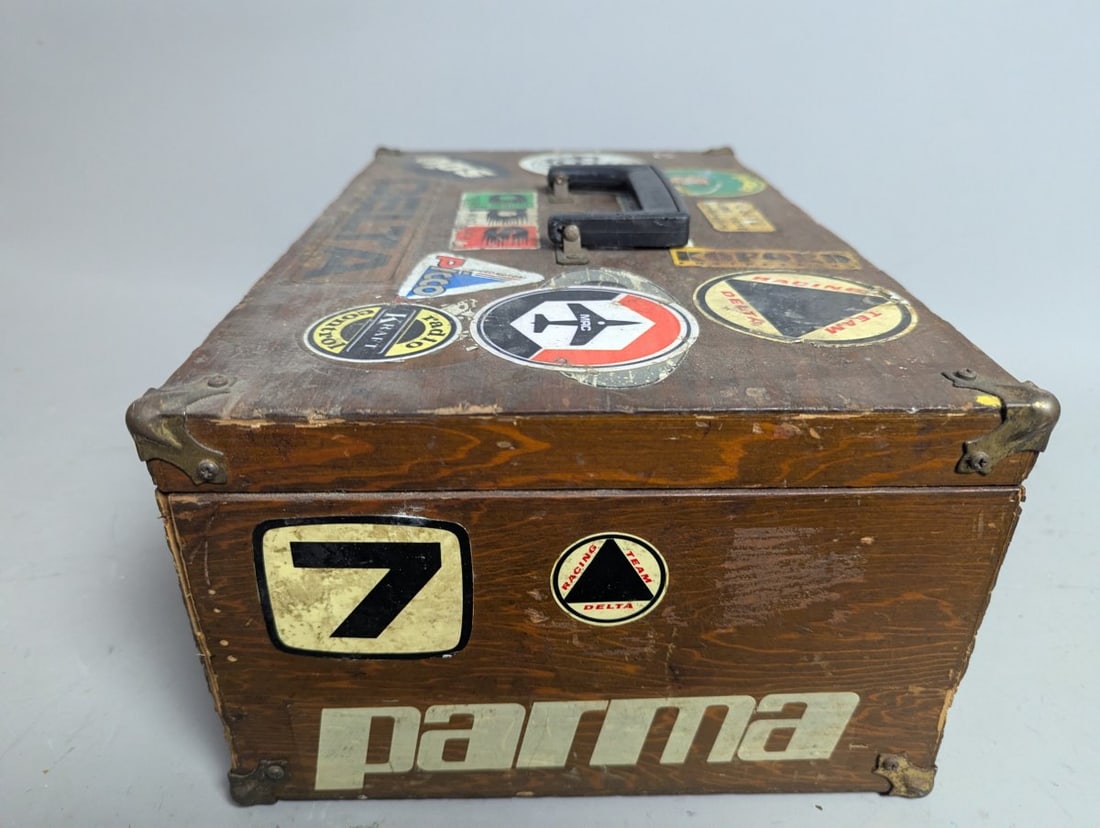 Vintage Wooden Slot Car Hobby Case with Stickers and Classic Pit Box Style - 4