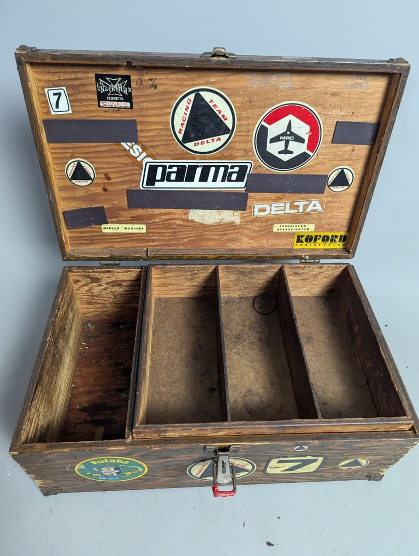Vintage Wooden Slot Car Hobby Case with Stickers and Classic Pit Box Style - 7