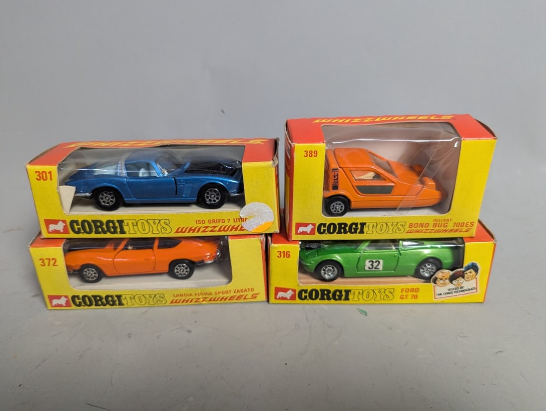 Corgi Whizzwheels Collection die-cast Model Cars 1970s Nostalgia New old stock: **Important** Please read below description on how to avoid high shipping costs. This auction features a collection of four distinct die-cast model cars from Corgi's Whizzwheels line, all in 'New old
