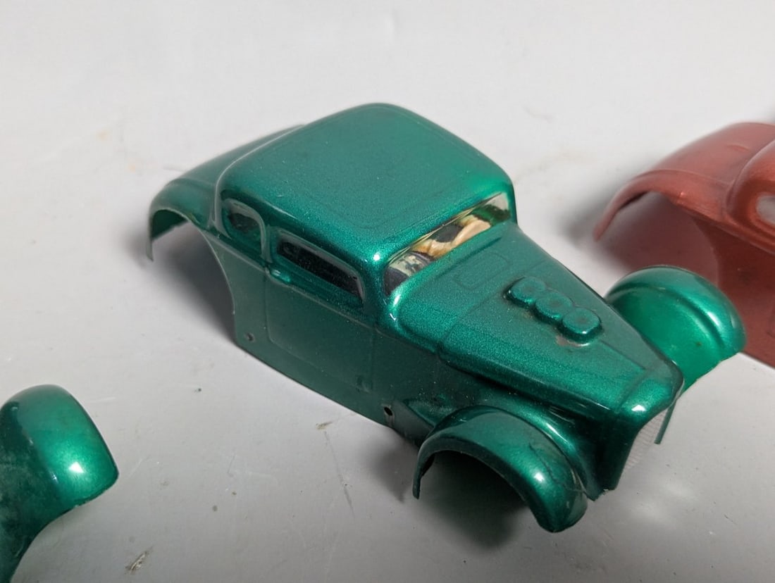Vintage 1960s Slot Car Parts Lot - 1930s Ford Coupe Bodies, Chassis, Wheels Collection - 4