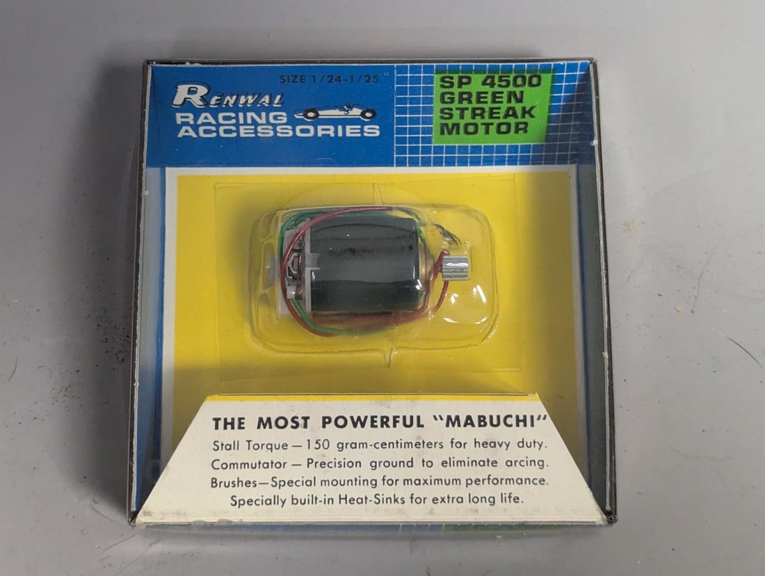 Renwal SP 4500 Green Streak Motor Vintage Slot Car Accessory NOS Mint Condition: **Important** Please read below description on how to avoid high shipping costs. Bid now on this rare vintage slot car motor, specifically the Renwal SP 4500 Green Streak, measuring 4 1/2 square x 1