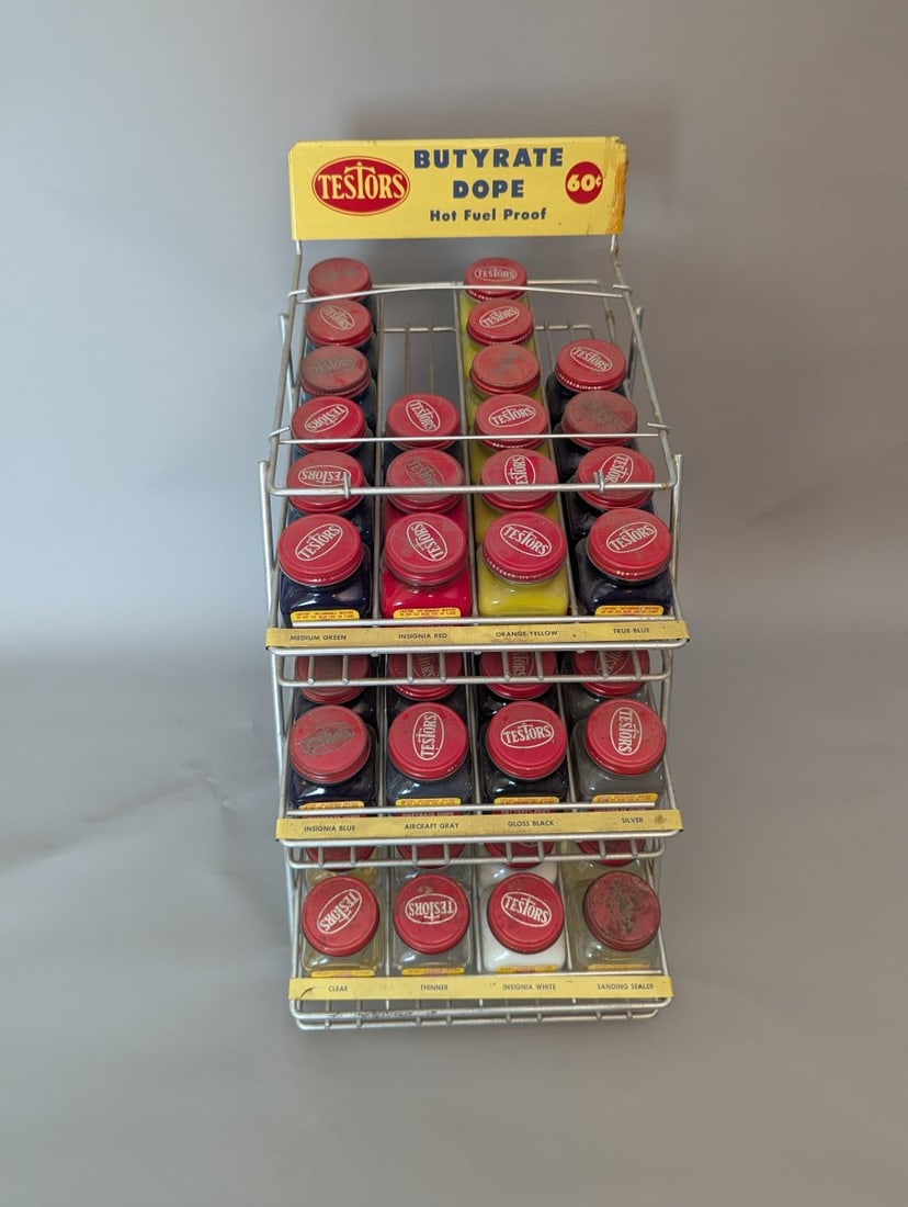 Vintage Testors Butyrate Dope Store Display Rack with 55 Bottles Collectible Memorabilia: **Important** Please read below description on how to avoid high shipping costs. Up for auction is an authentic Vintage Testors Butyrate Dope Store Display Rack, featuring dimensions of 21 high x 20
