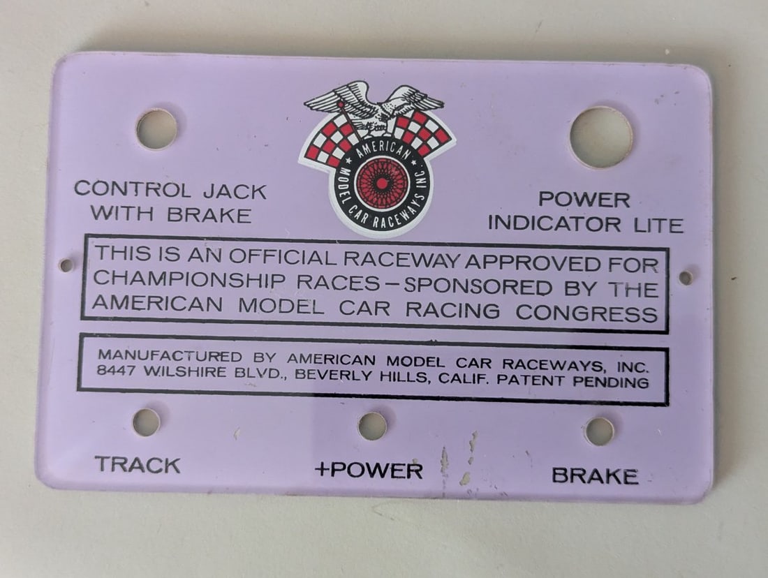 Vintage American Model Car Raceways Control Panel Plate Mid-1960s Slot Car Collectible: **Important** Please read below description on how to avoid high shipping costs. Up for auction is a Vintage American Model Car Raceways Control Panel Plate from the mid-1960s. This original part,