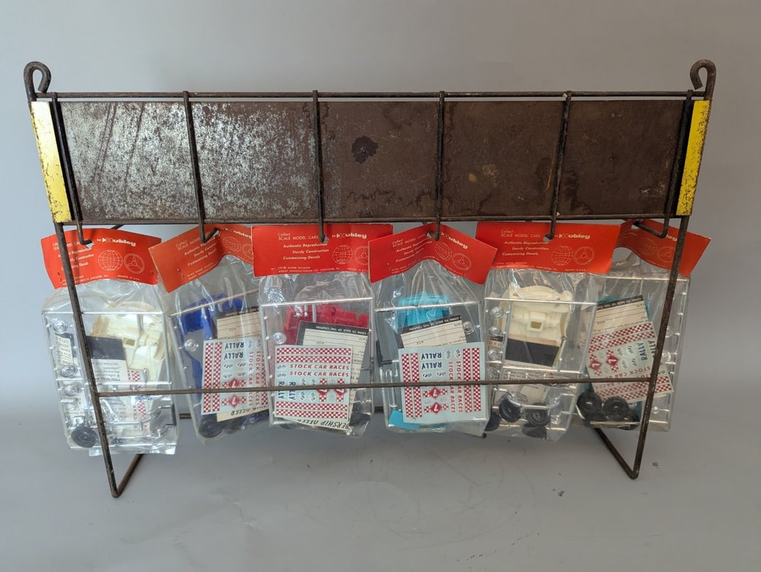 Vintage Hubley International Cars Model Kits Store Display Rack with 6 New Old Stock Kits - 12