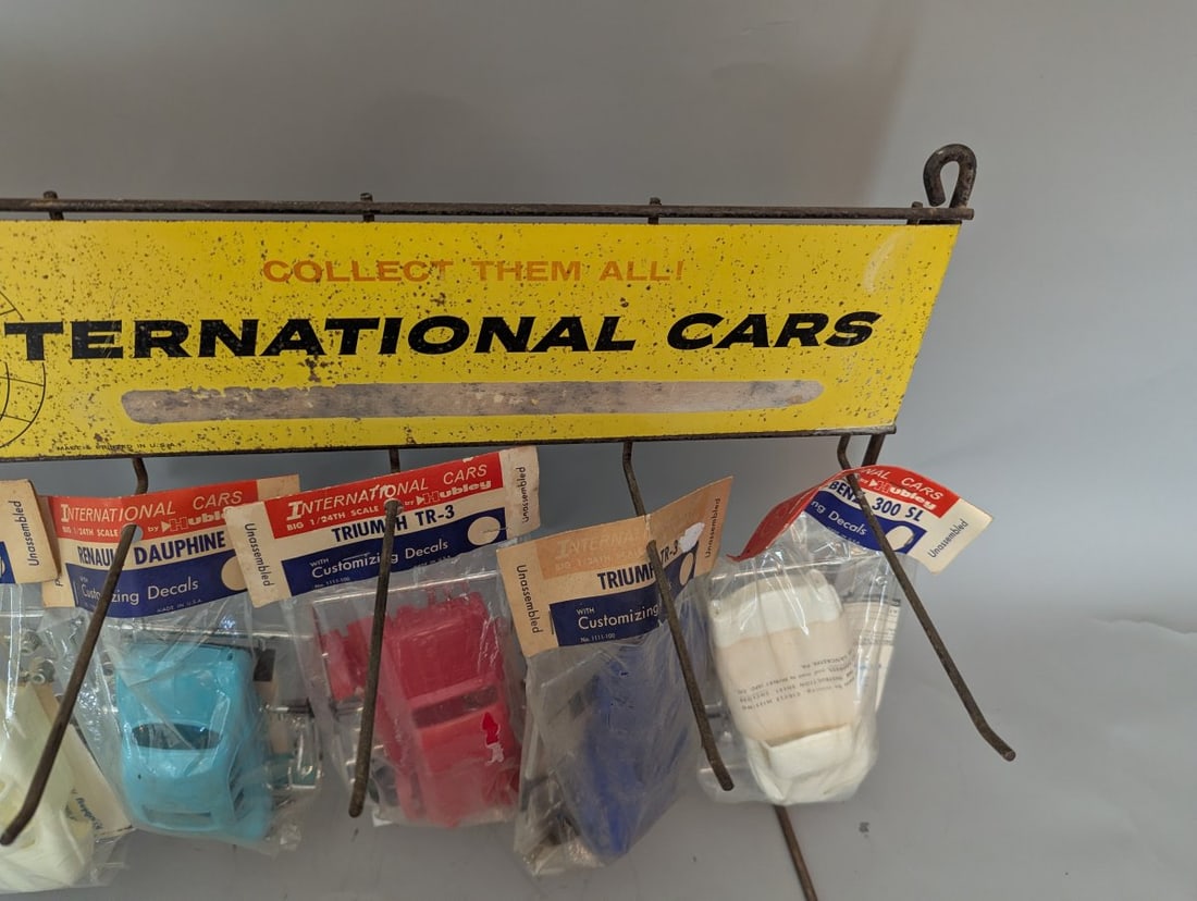 Vintage Hubley International Cars Model Kits Store Display Rack with 6 New Old Stock Kits - 3