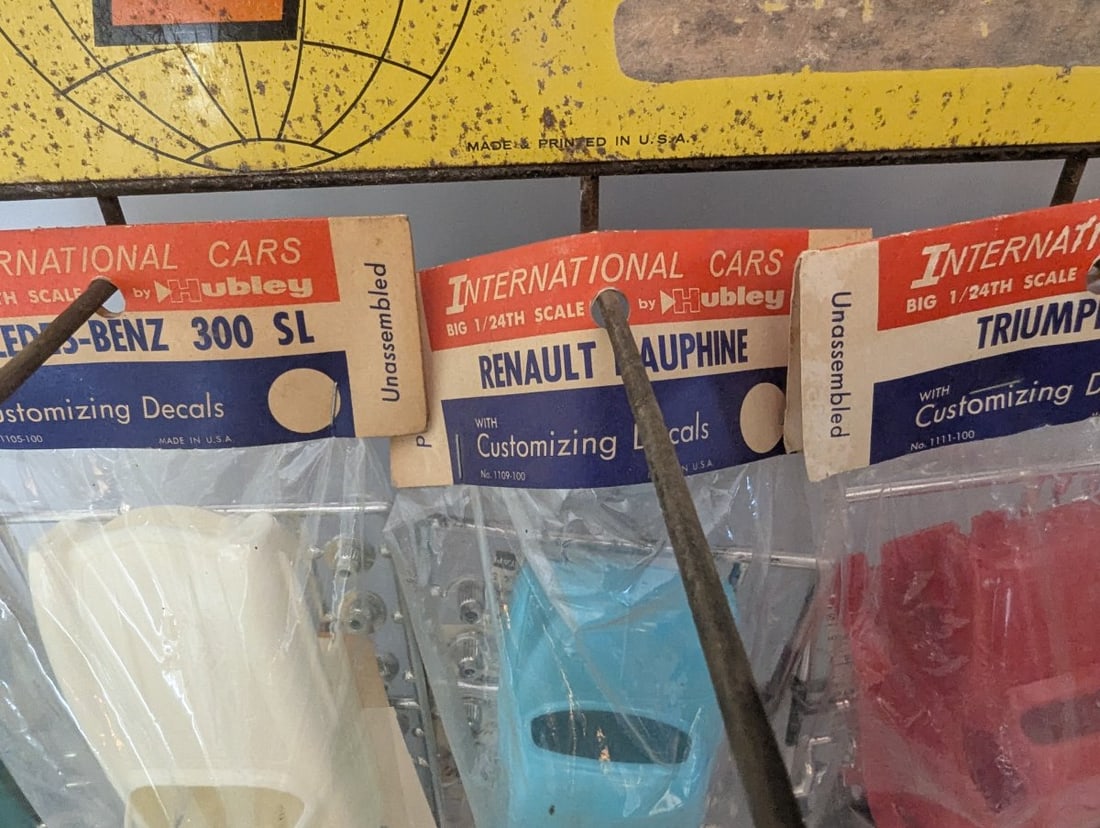 Vintage Hubley International Cars Model Kits Store Display Rack with 6 New Old Stock Kits - 6