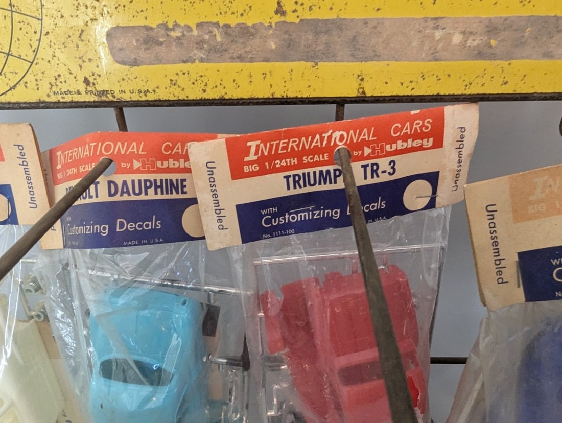 Vintage Hubley International Cars Model Kits Store Display Rack with 6 New Old Stock Kits - 7
