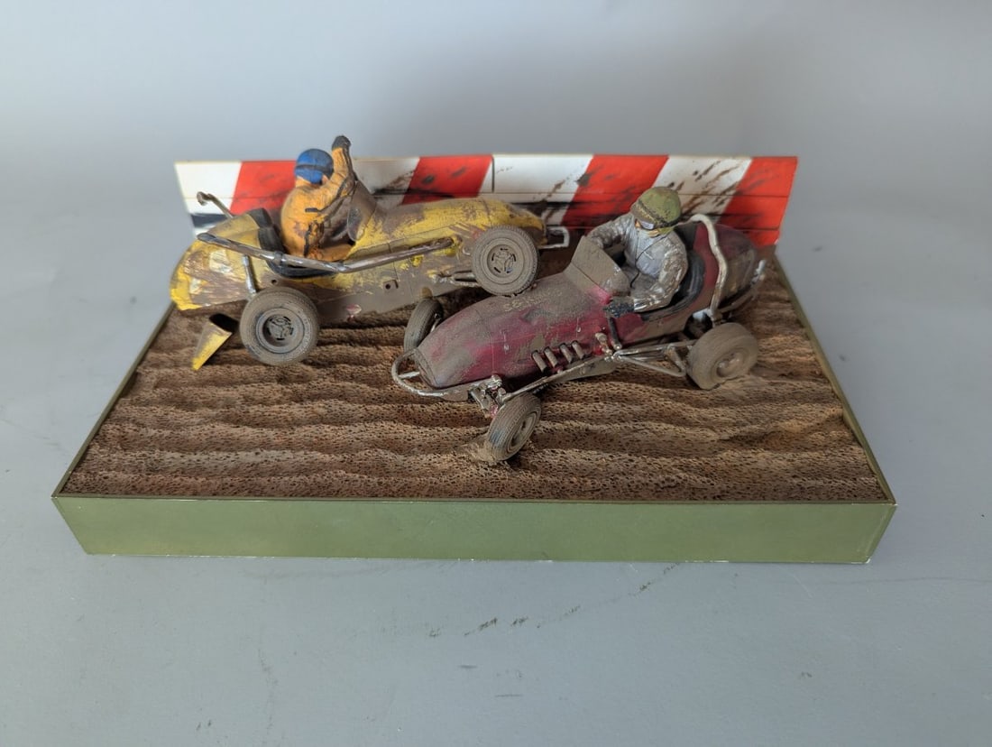 Vintage Midget Sprint Car Racing Diorama Unique Assembled Art Piece: **Important** Please read below description on how to avoid high shipping costs. Presenting a captivating assembled model kit diorama of a vintage midget sprint car racing scene, measuring 9 x 3 x 5.