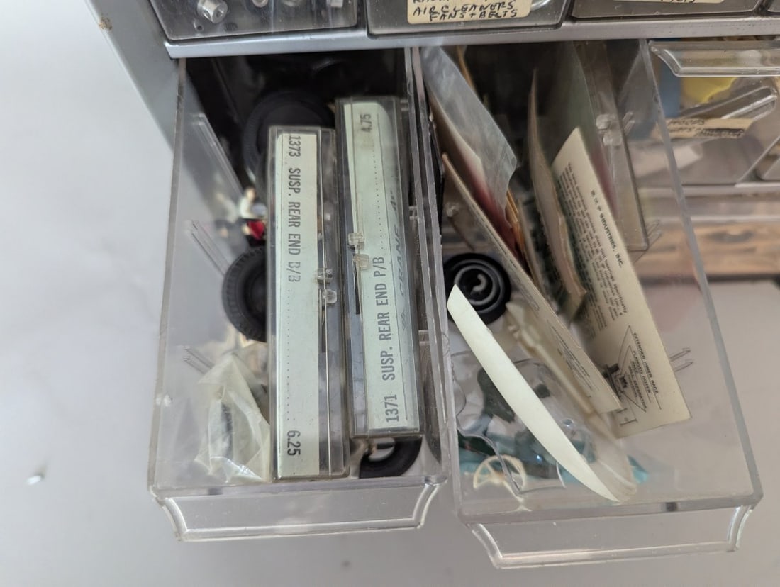 Vintage Slot Car Parts Collection in Multi-Drawer Storage Cabinet by Ulrich and More - 11
