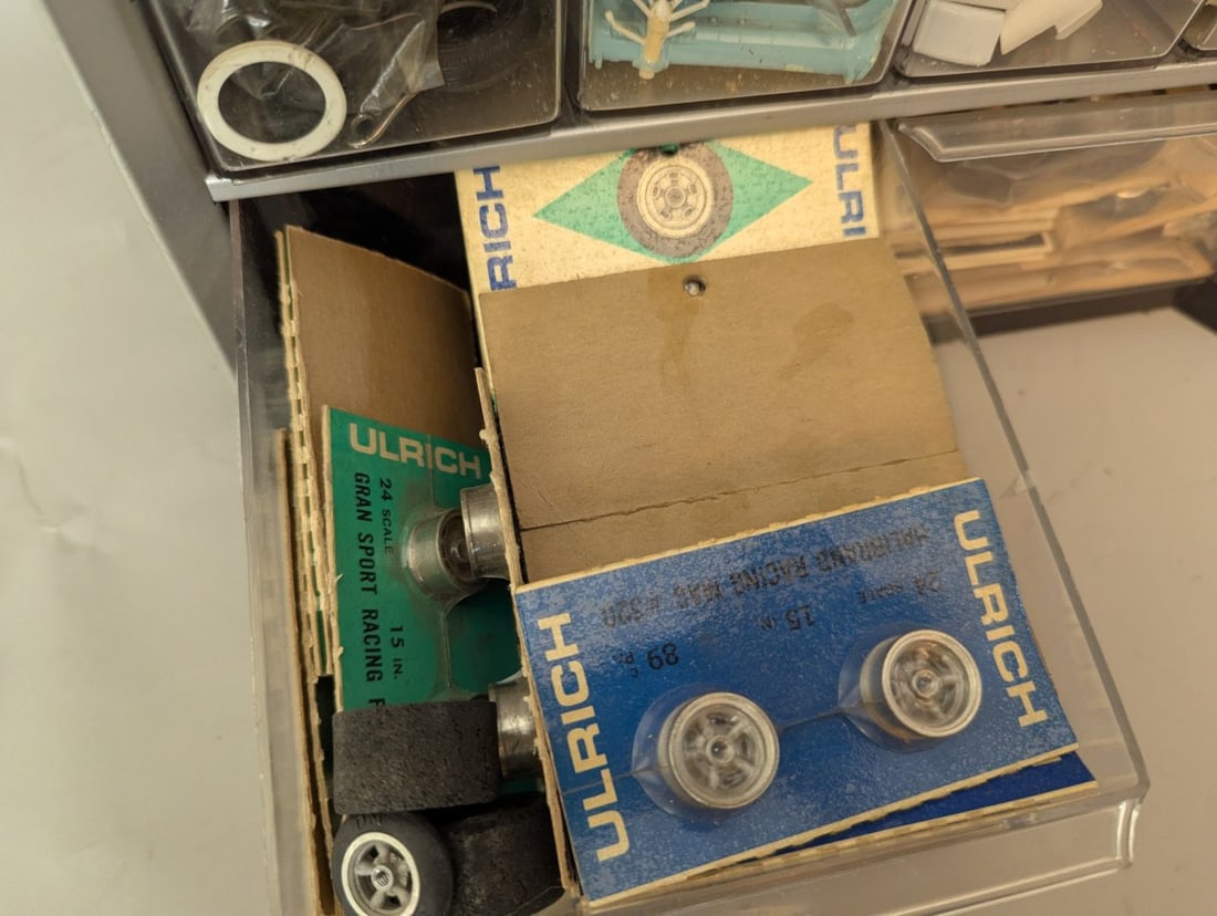 Vintage Slot Car Parts Collection in Multi-Drawer Storage Cabinet by Ulrich and More - 12