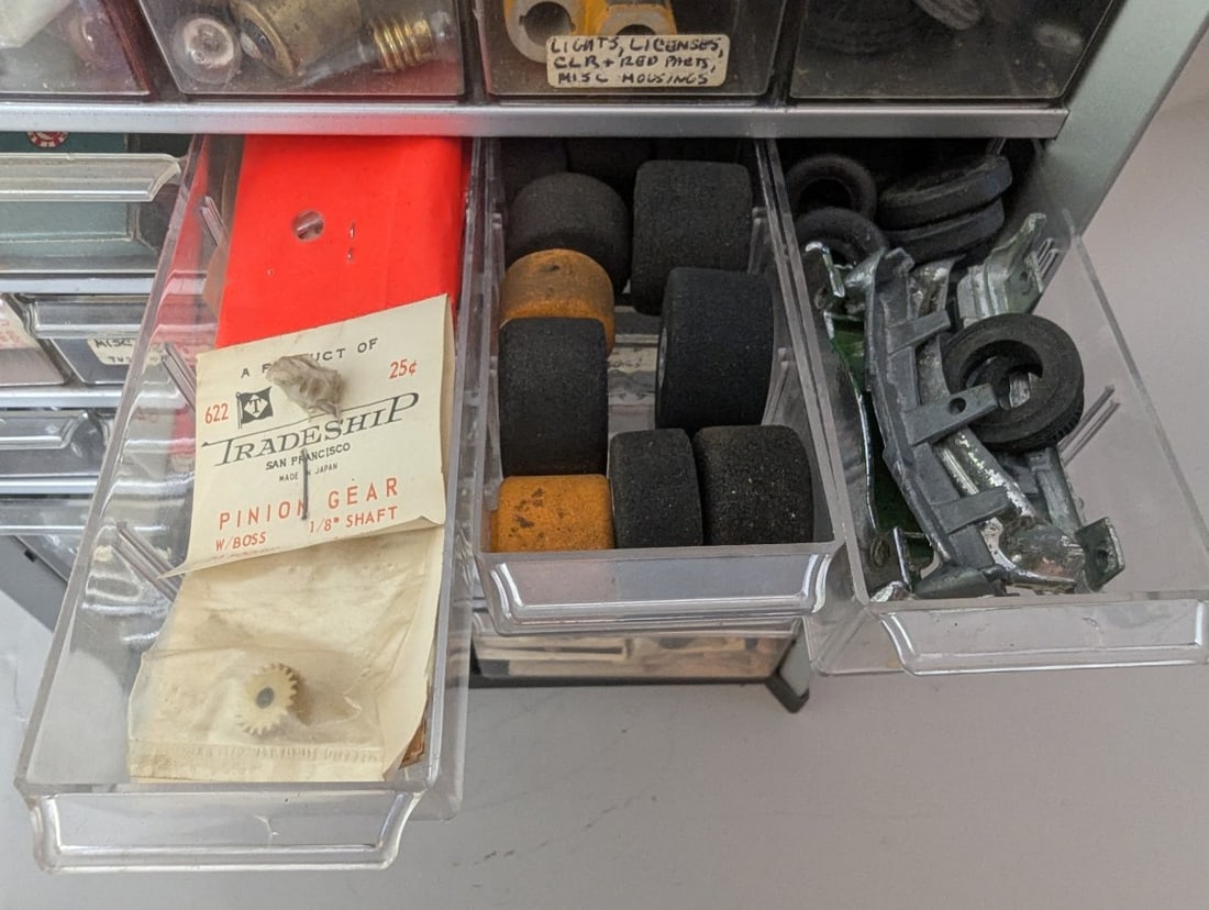 Vintage Slot Car Parts Collection in Multi-Drawer Storage Cabinet by Ulrich and More - 4