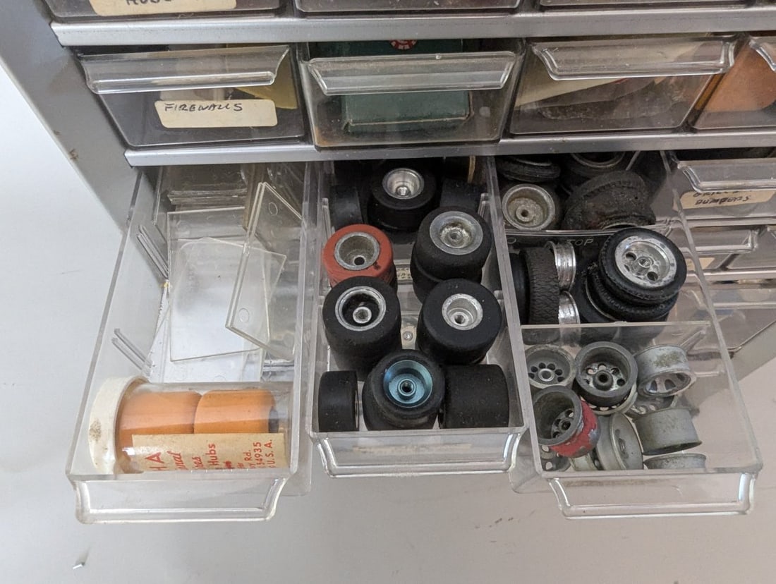 Vintage Slot Car Parts Collection in Multi-Drawer Storage Cabinet by Ulrich and More - 6