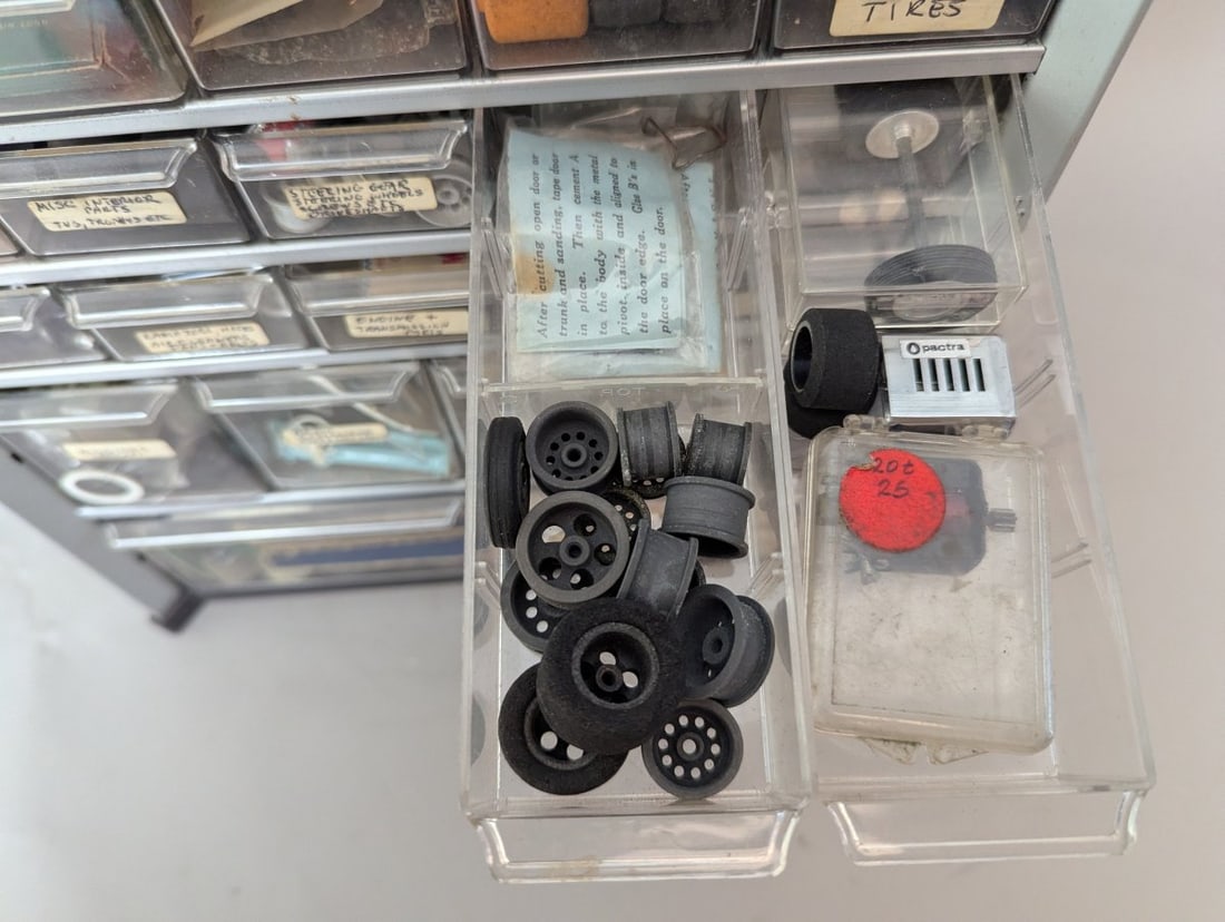 Vintage Slot Car Parts Collection in Multi-Drawer Storage Cabinet by Ulrich and More - 7