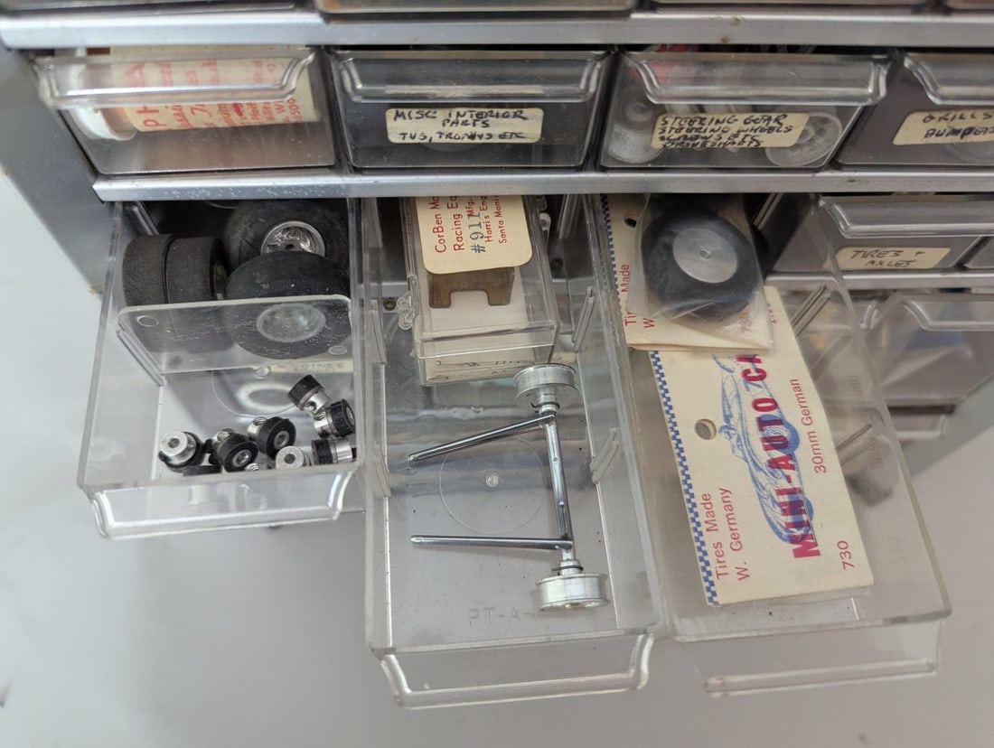 Vintage Slot Car Parts Collection in Multi-Drawer Storage Cabinet by Ulrich and More - 8