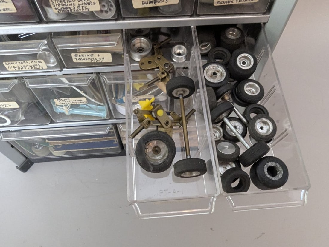 Vintage Slot Car Parts Collection in Multi-Drawer Storage Cabinet by Ulrich and More - 9