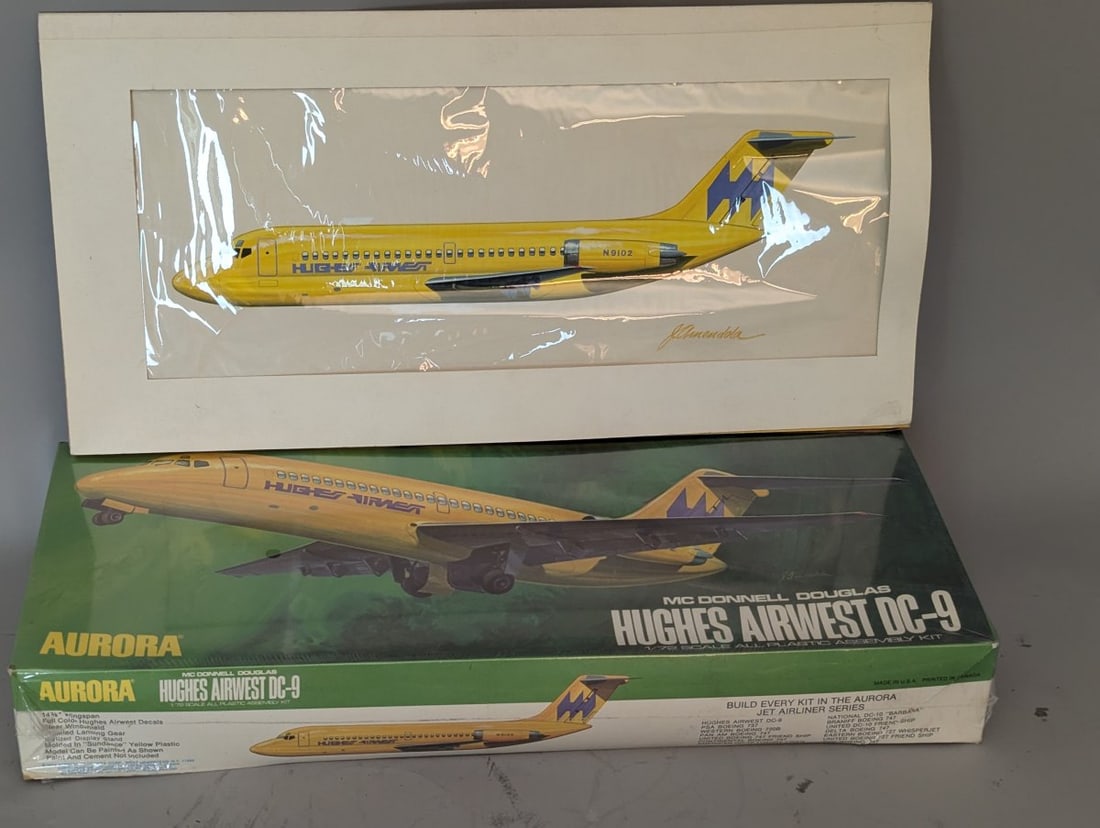Aurora Hughes Airwest DC-9 Model Kit #386 with Signed Box Art by J. Amendola: **Important** Please read below description on how to avoid high shipping costs. This auction features a unique set comprising an Aurora Hughes Airwest DC-9 model kit and the original, signed box art