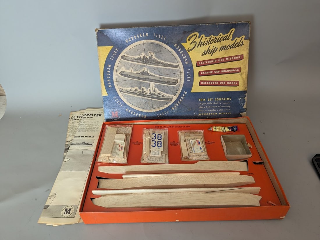 Monogram Fleet 3 Historical Ship Models Balsa Wood Kit Vintage 1946 Collectible: **Important** Please read below description on how to avoid high shipping costs. This is a vintage 1946 Monogram Fleet 3 Historical Ship Models Balsa Wood Kit. Measuring 18 1/2 x 12 x 2 1/2 inches,