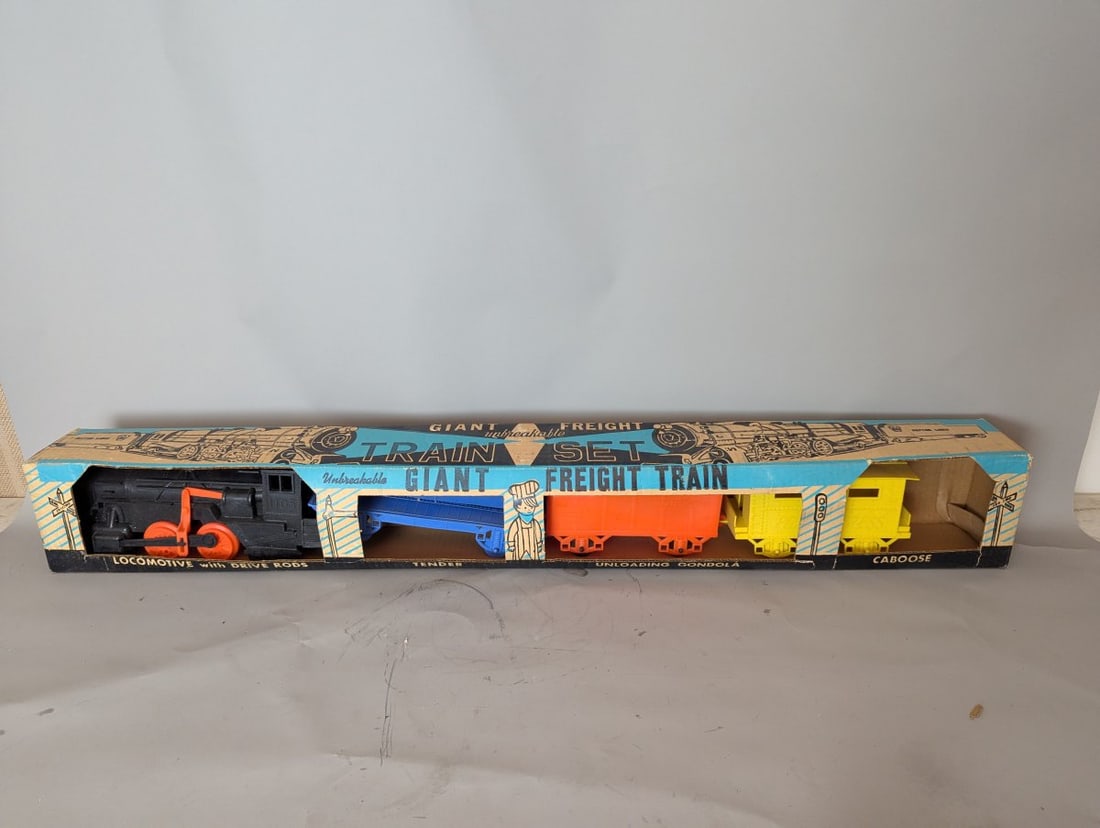 Vintage Payton Giant Unbreakable Freight Train Set New Old Stock Complete in Box: **Important** Please read below description on how to avoid high shipping costs. Bid on this Vintage Payton Giant Unbreakable Freight Train Set, 43 x 5 x 5. New Old Stock condition. This complete set 