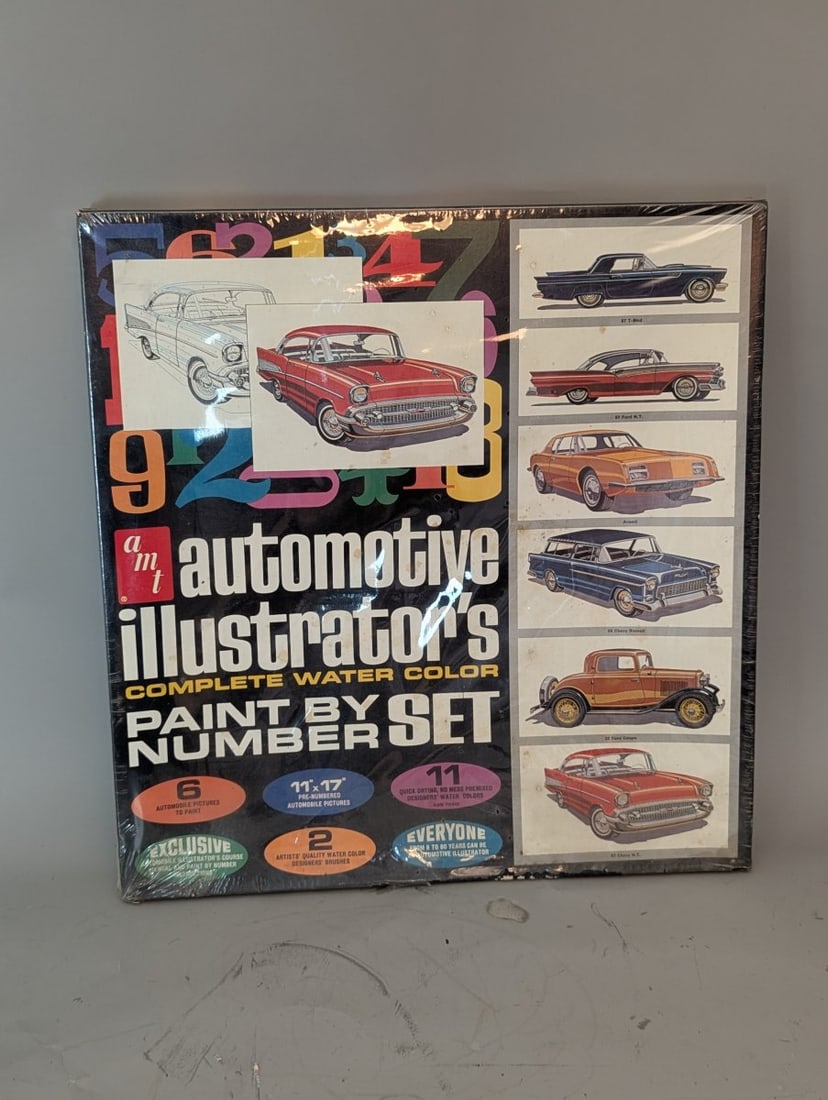 AMT Automotive Illustrators Complete Water Color Paint By Number Set Vintage Sealed: **Important** Please read below description on how to avoid high shipping costs. This AMT Automotive Illustrator's Complete Water Color Paint By Number Set (No. 200-200) measures 17 x 18 x 2. It is