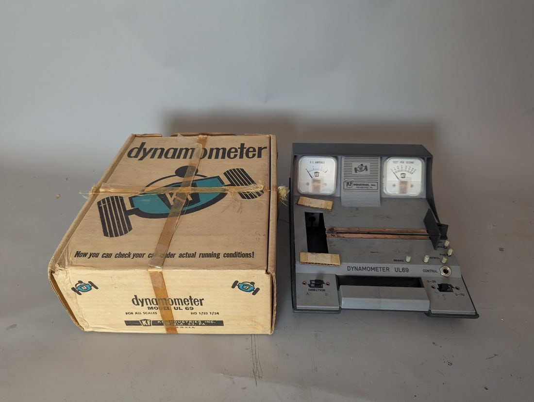 Vintage KF Industries Slot Car Dynamometer UL 69 & Thoric MRC Controller with Box: **Important** Please read below description on how to avoid high shipping costs. As found. Not tested. Box is 12 x 10 x 4 inches. This lot features a KF Industries Slot Car Dynamometer Model UL 69, a