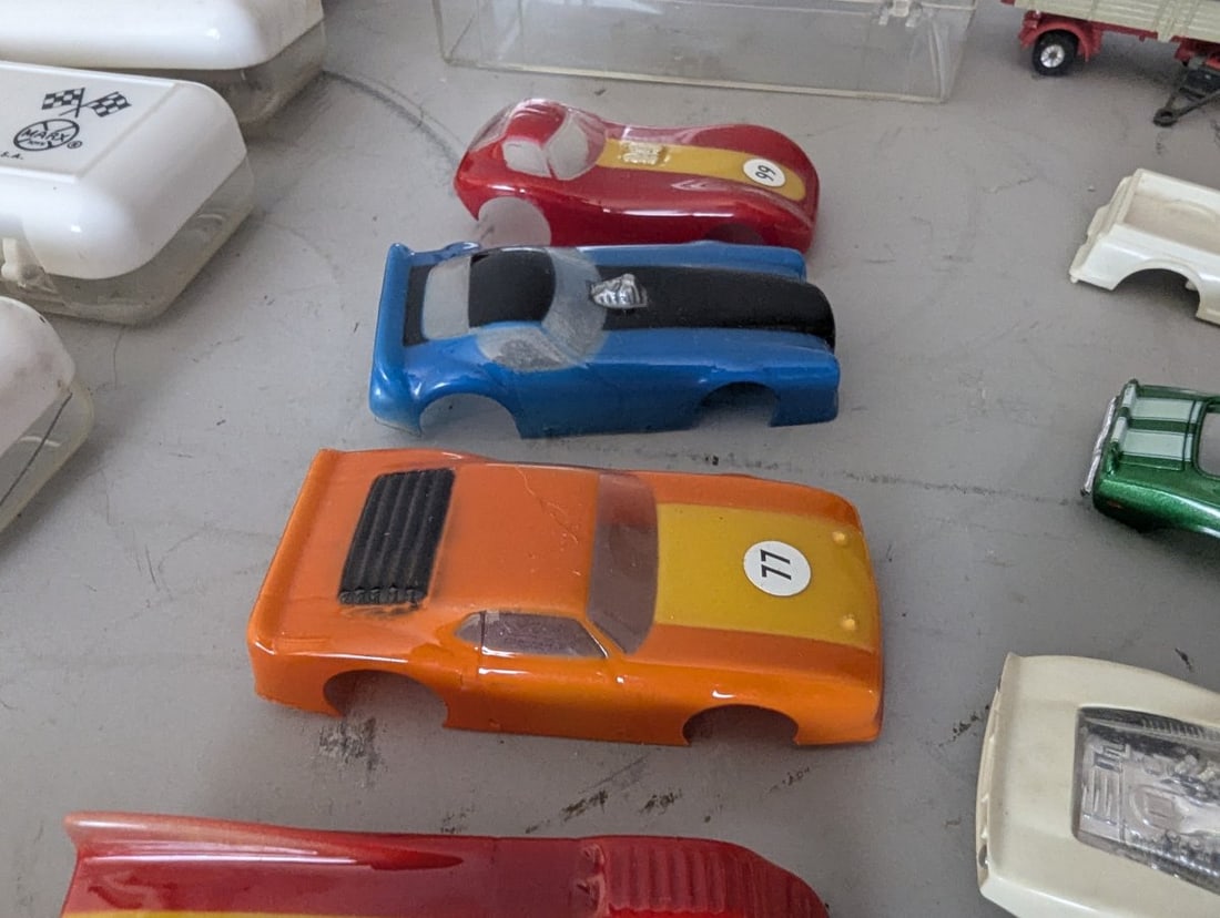 Lot of HO Slot Cars Die Cast Vehicles Bodies Storage Cases Aurora Marx Collection - 7