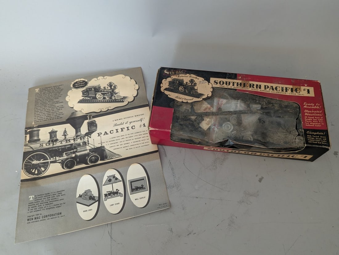 Vintage 1954 Wen-Mac Southern Pacific #1 CP Huntington Model Kit New Old Stock: **Important** Please read below description on how to avoid high shipping costs. Up for auction is a Vintage 1954 Wen-Mac Southern Pacific #1 C.P. Huntington Model Kit. This new old stock model kit is