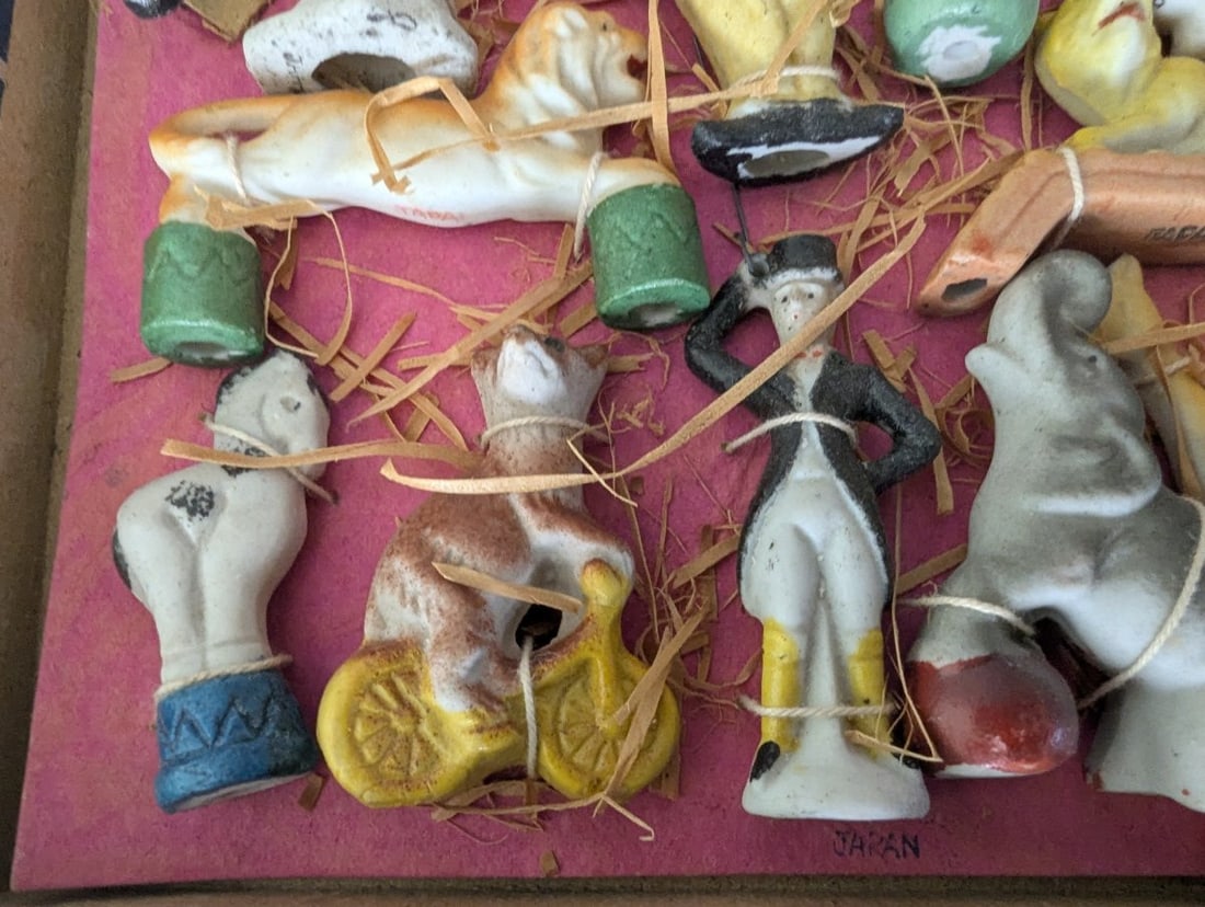 Vintage Japanese Bisque Miniature Figures Set in Original Box with Celestial Design - 5