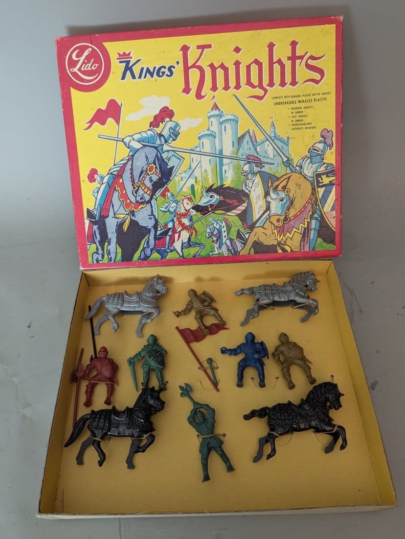Lido Kings Knights Toy Soldier Playset Vintage New Old Stock Collectible Figures: **Important** Please read below description on how to avoid high shipping costs. Up for auction is a vintage Lido Kings' Knights Toy Soldier Playset, a cherished collectible from the 1940s. This New O