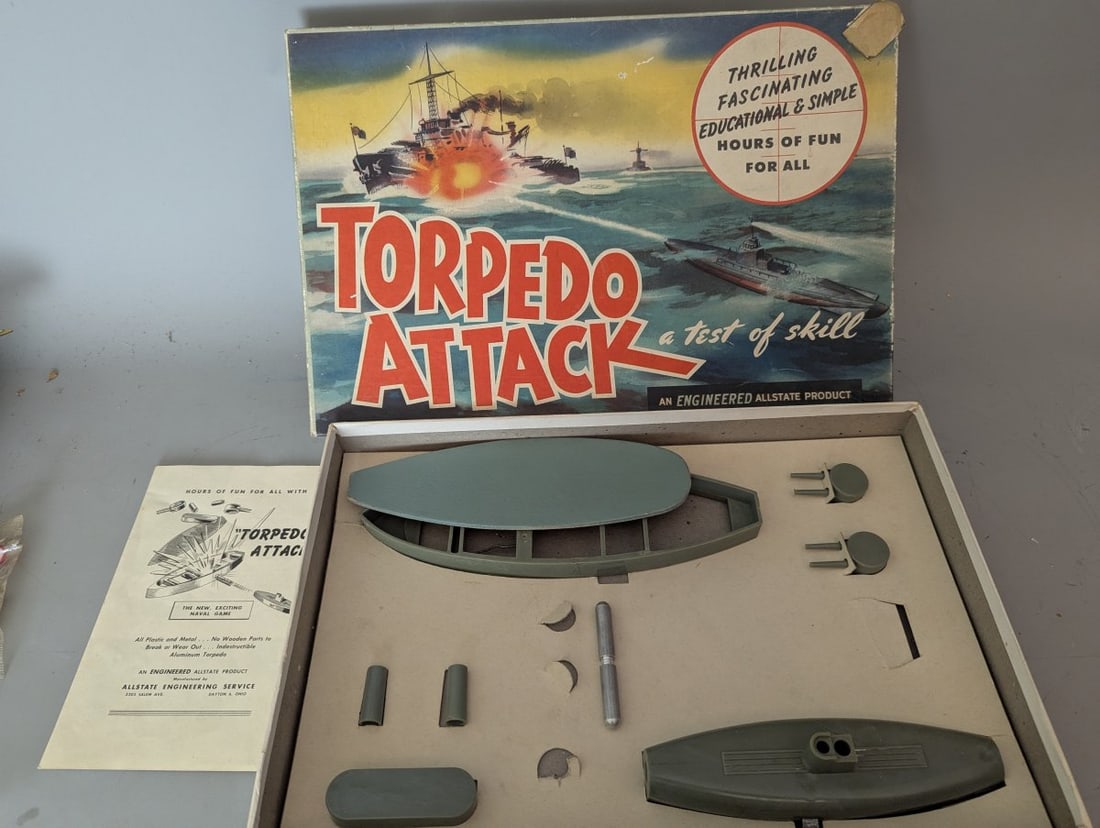 Vintage Torpedo Attack Naval Game by Allstate Engineering Rare Collectible: **Important** Please read below description on how to avoid high shipping costs. This vintage 'Torpedo Attack' naval game comes in its original box measuring 15 1/2 x 10 x 2. While the game is