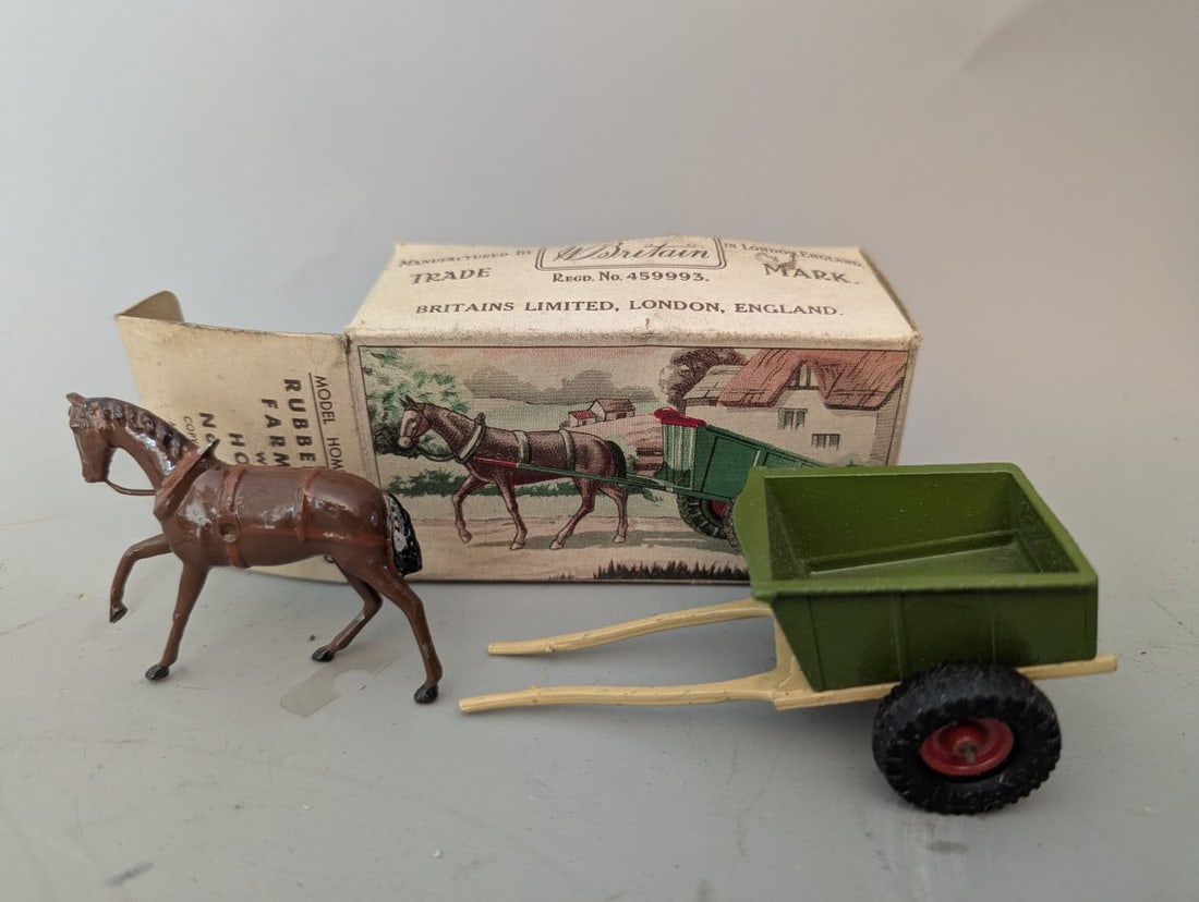 Britains Model Home Farm Series Rubber Tyred Farm Cart with Horse No. 126 F Vintage Toy: **Important** Please read below description on how to avoid high shipping costs. This Britains Model Home Farm Series Rubber Tyred Farm Cart with Horse, No. 126 F, is a remarkable piece of nostalgic