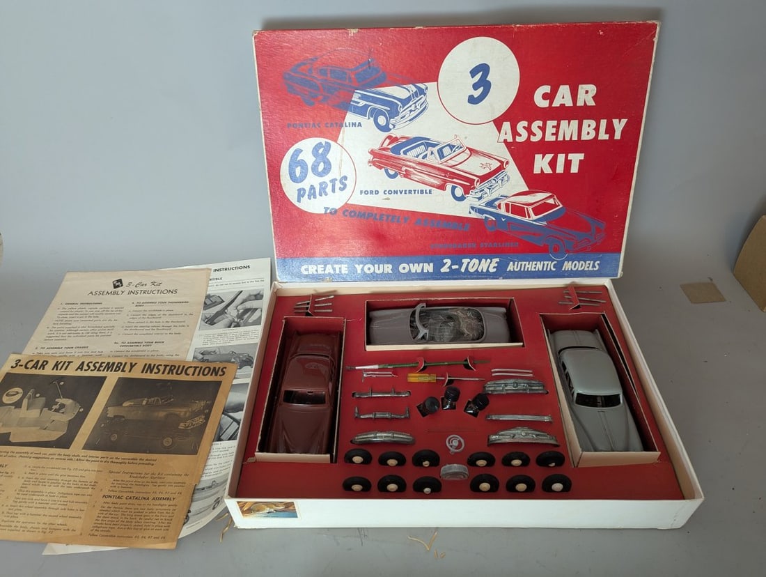 Vintage 1950s 3 Car Assembly Kit Pontiac Catalina Ford Convertible Studebaker Starliner: **Important** Please read below description on how to avoid high shipping costs. Discover this Vintage 1950s '3 Car Assembly Kit' featuring iconic models: Pontiac Catalina, Ford Convertible, and