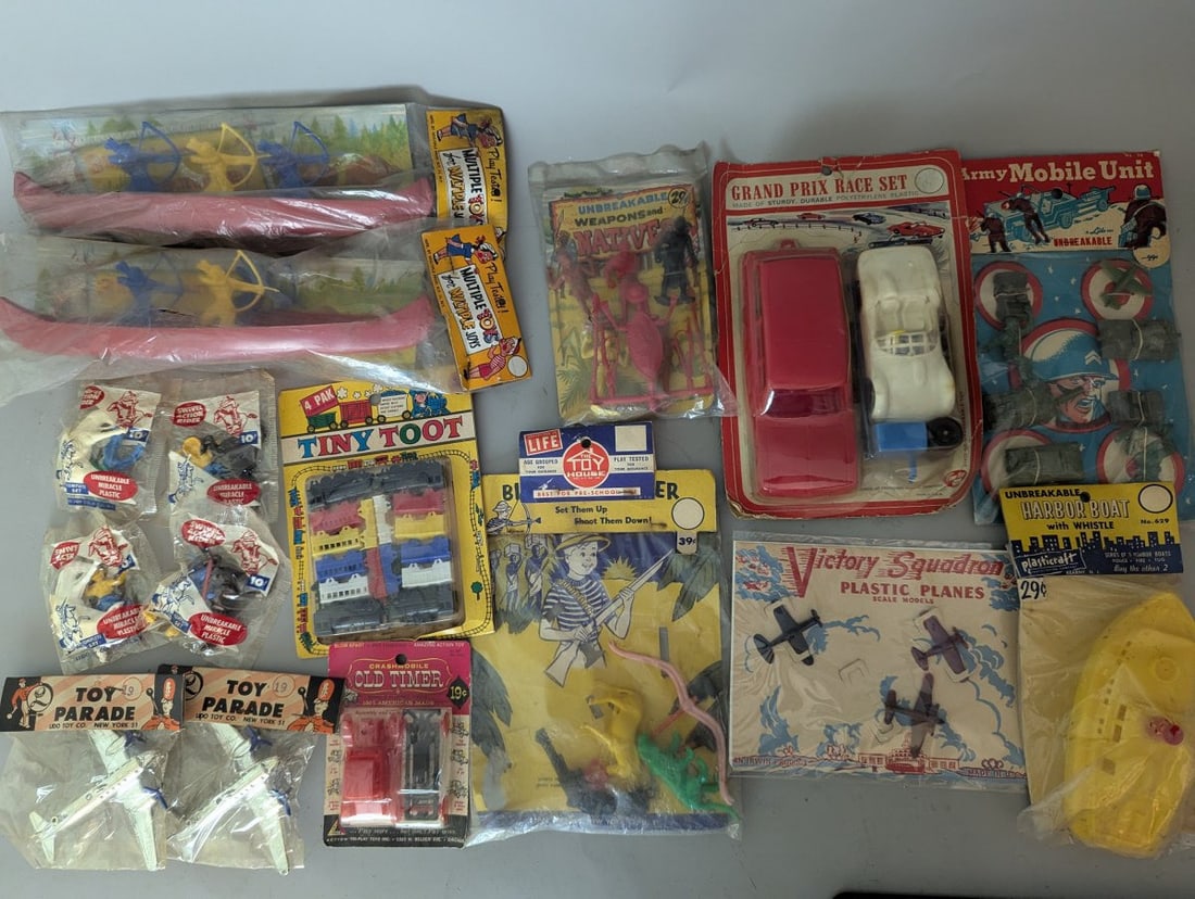Vintage Assorted Plastic Toys Lot Grand Prix Lido Irwin Tri-Play Collectible NOS: **Important** Please read below description on how to avoid high shipping costs. All new old stock. Lot of plastic assorted toys in original packaging including Grand prix is 7 x 11 x 2. This