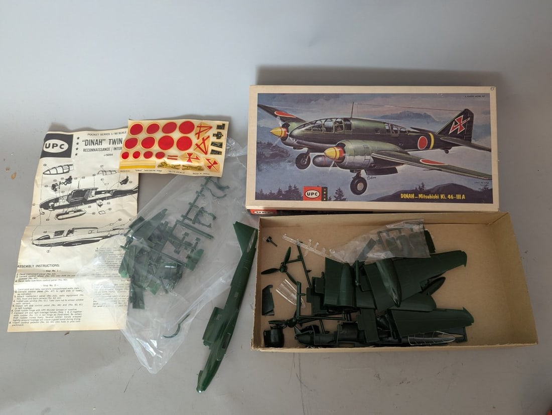 Vintage UPC Mitsubishi Ki. 46-III A Dinah Model Kit by Jack Eidson: **Important** Please read below description on how to avoid high shipping costs. Discover this rare vintage UPC Mitsubishi Ki. 46-III A 'Dinah' Model Kit (#9054), a true collector's gem. This unbuilt