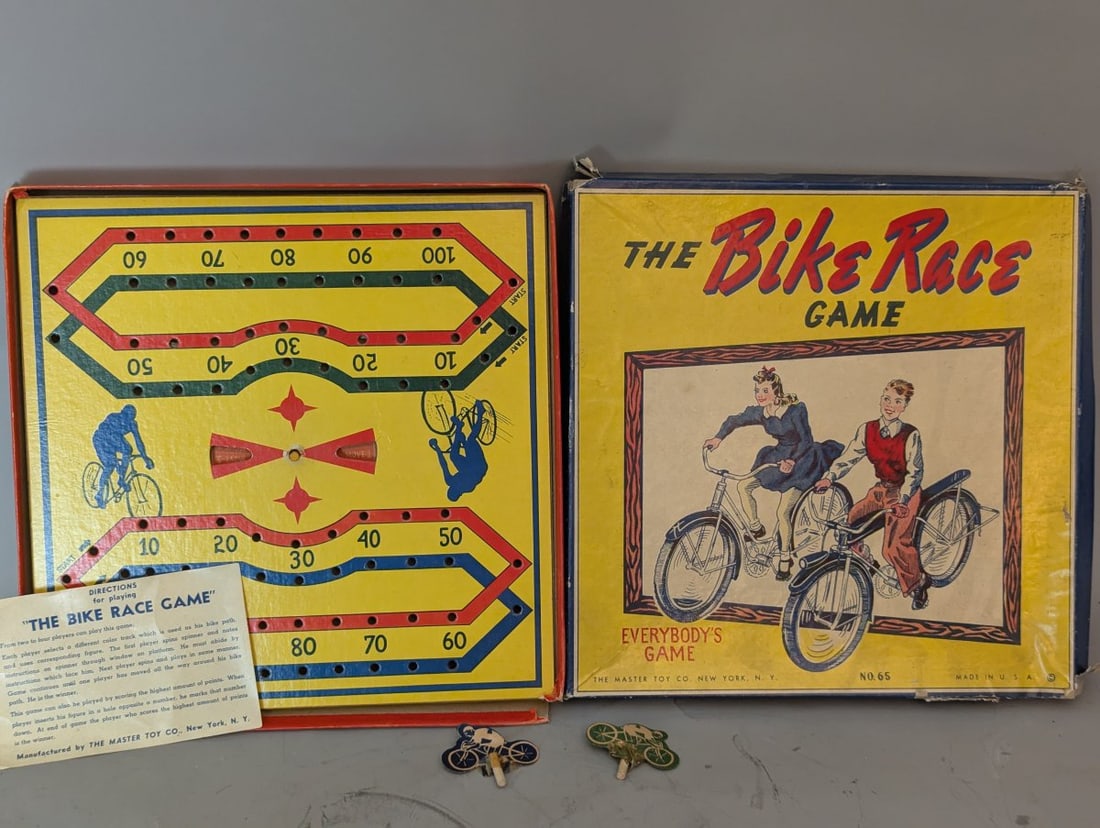 Vintage The Bike Race Game No. 65 The Master Toy Co Rare Collectible Board Game: **Important** Please read below description on how to avoid high shipping costs. Up for auction is a vintage 'The Bike Race Game' (No. 65) by The Master Toy Co. Please note that the box top flaps