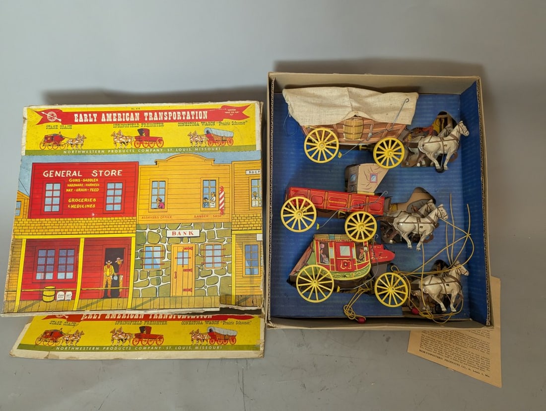 Northwestern Products Co Early American Transportation Toy Set No 418 Vintage Boxed: **Important** Please read below description on how to avoid high shipping costs. Discover a rare find with this Northwestern Products Co. 'Early American Transportation' Toy Set No. 418! This New Old