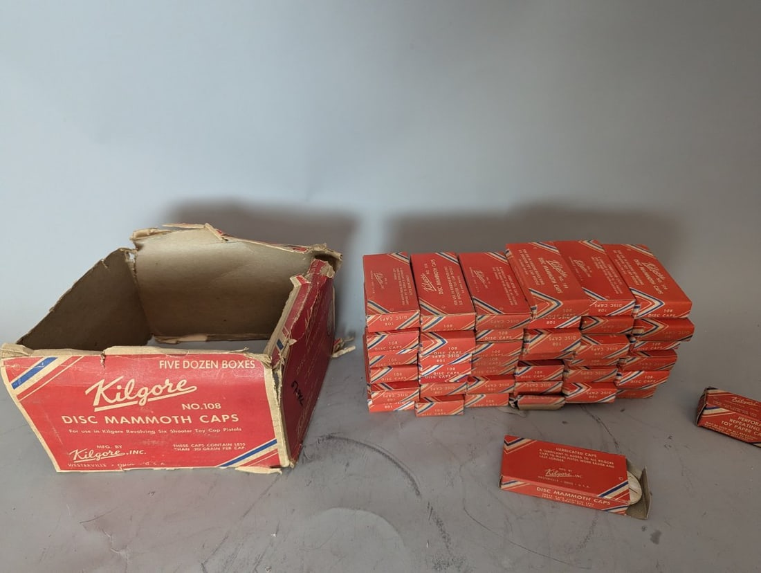 Lot of Kilgore Inc No 108 Disc Mammoth Caps New Old Stock Toy Caps 60 Count: **Important** Please read below description on how to avoid high shipping costs. Don't miss this incredible opportunity to own a bulk lot of new old stock Kilgore No. 108 Disc Mammoth Caps. Cap boxes