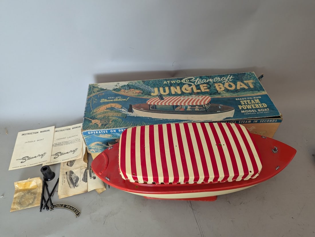 Atwood Steamcraft Jungle Boat Model No. 5103 Steam Powered Collectible Toy Rare NOS: **Important** Please read below description on how to avoid high shipping costs. Explore the adventure of the Atwood Steamcraft Jungle Boat Model No. 5103, measuring 19 x 7 x 5. This steam-powered